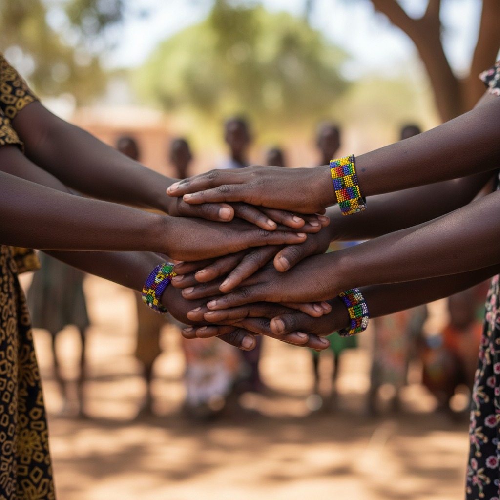 Several people stack their hands on top of each other in a gesture of unity.