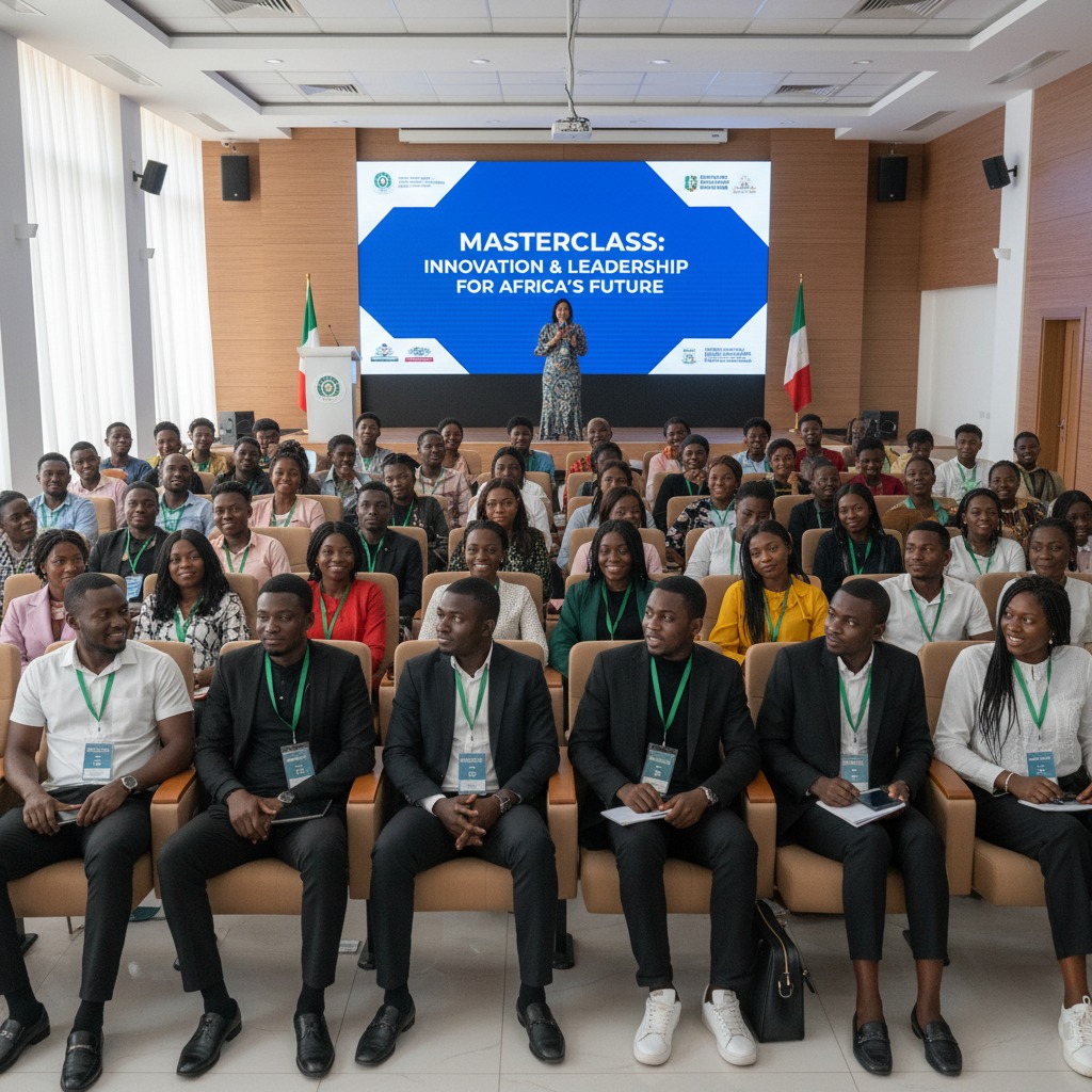 A speaker stands on a stage in front of a large screen titled "Masterclass: Innovation & Leadership for Africa's Future" while an audience of young professionals sits in rows of chairs.