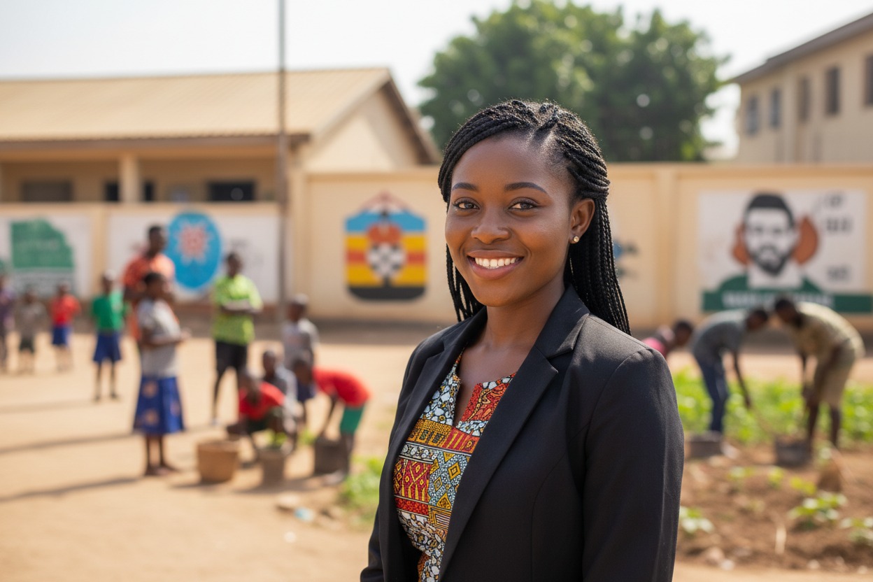 A smiling woman in a black blazer stands in the foreground while children work in a garden at a school in the background.