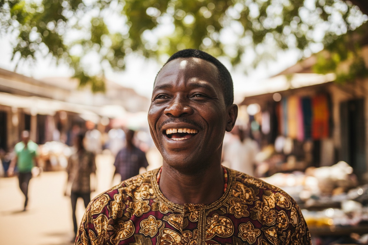 A smiling man wearing a patterned shirt stands in a bustling outdoor market.