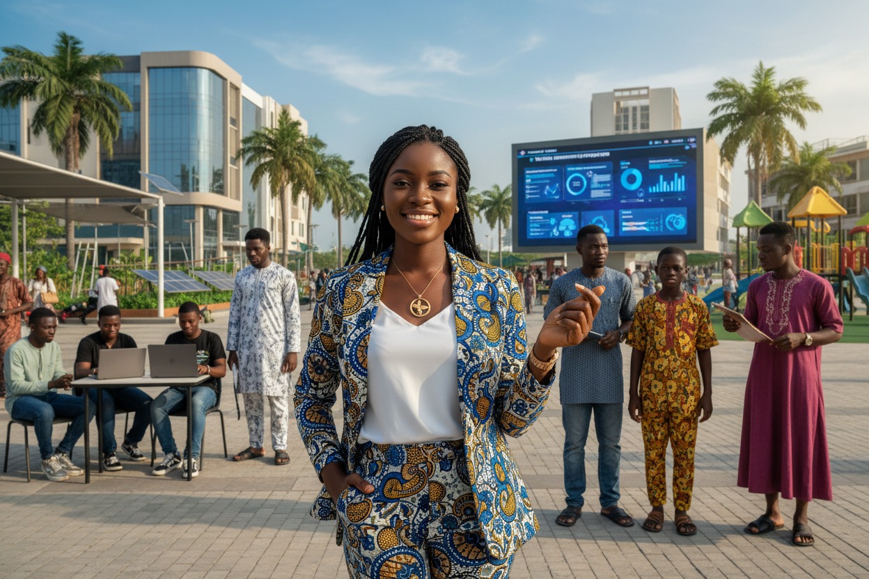 A smiling woman in a patterned suit stands in a modern outdoor plaza with people working on laptops and a large digital data display in the background.